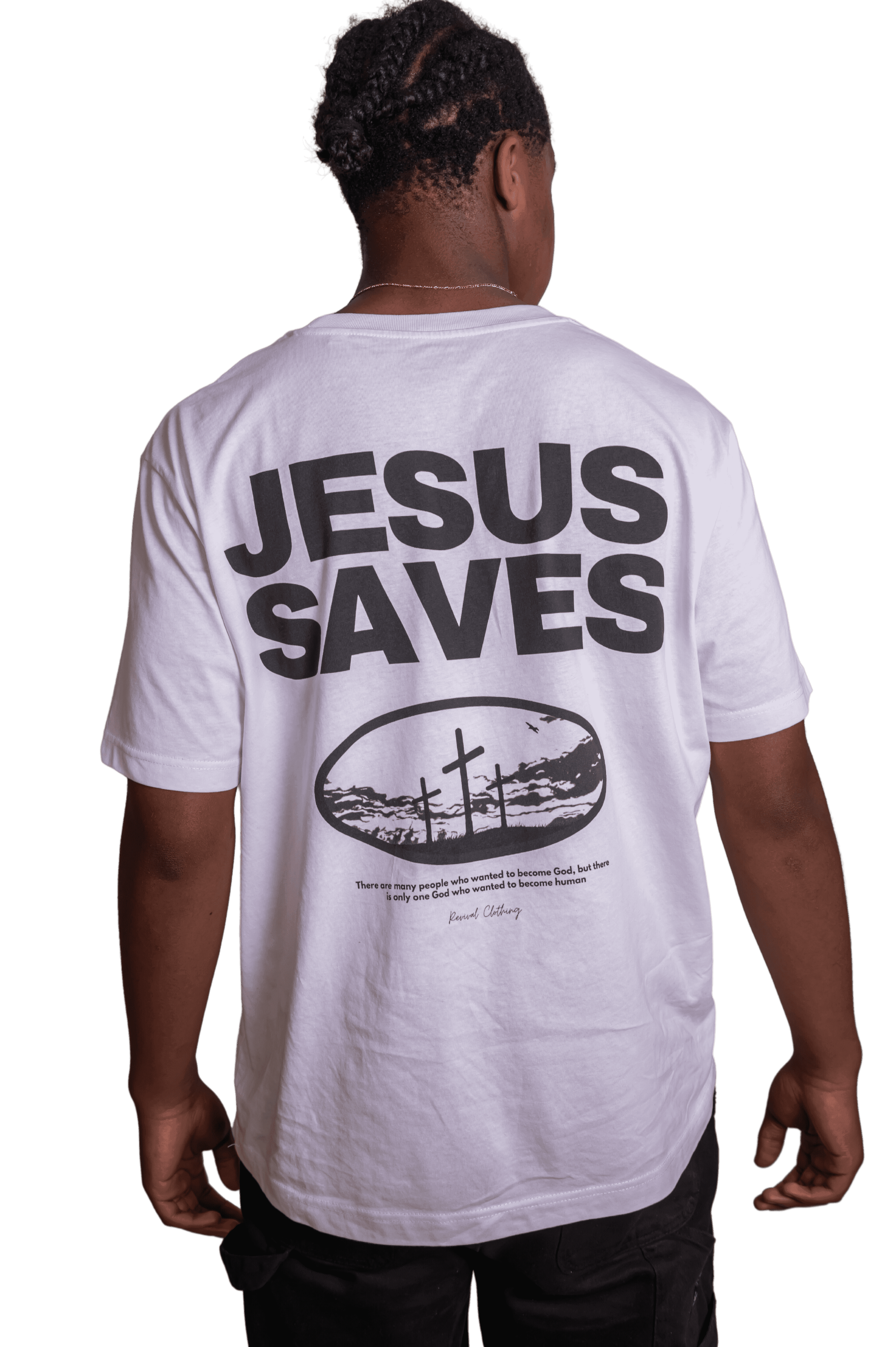 Christliche Tshrit mit Backprint und christlicher massage. Der Schnitt ist oversize und ist Christion Streetwear. Auf dem christlichen Shirt ist Jesus Saves gedruckt