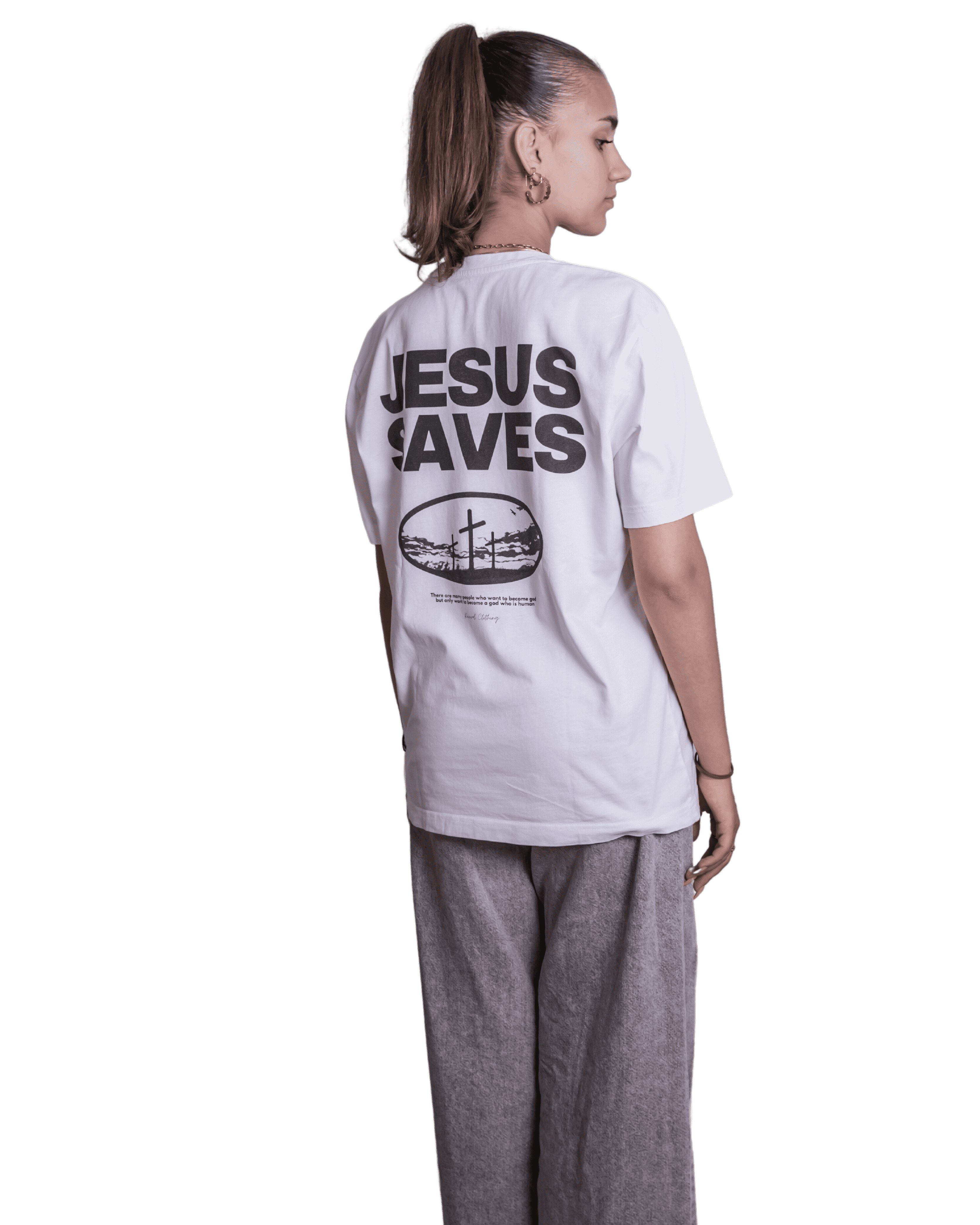 Christliche Tshrit mit Backprint und christlicher massage. Der Schnitt ist oversize und ist Christion Streetwear. Auf dem christlichen Shirt ist Jesus Saves gedruckt